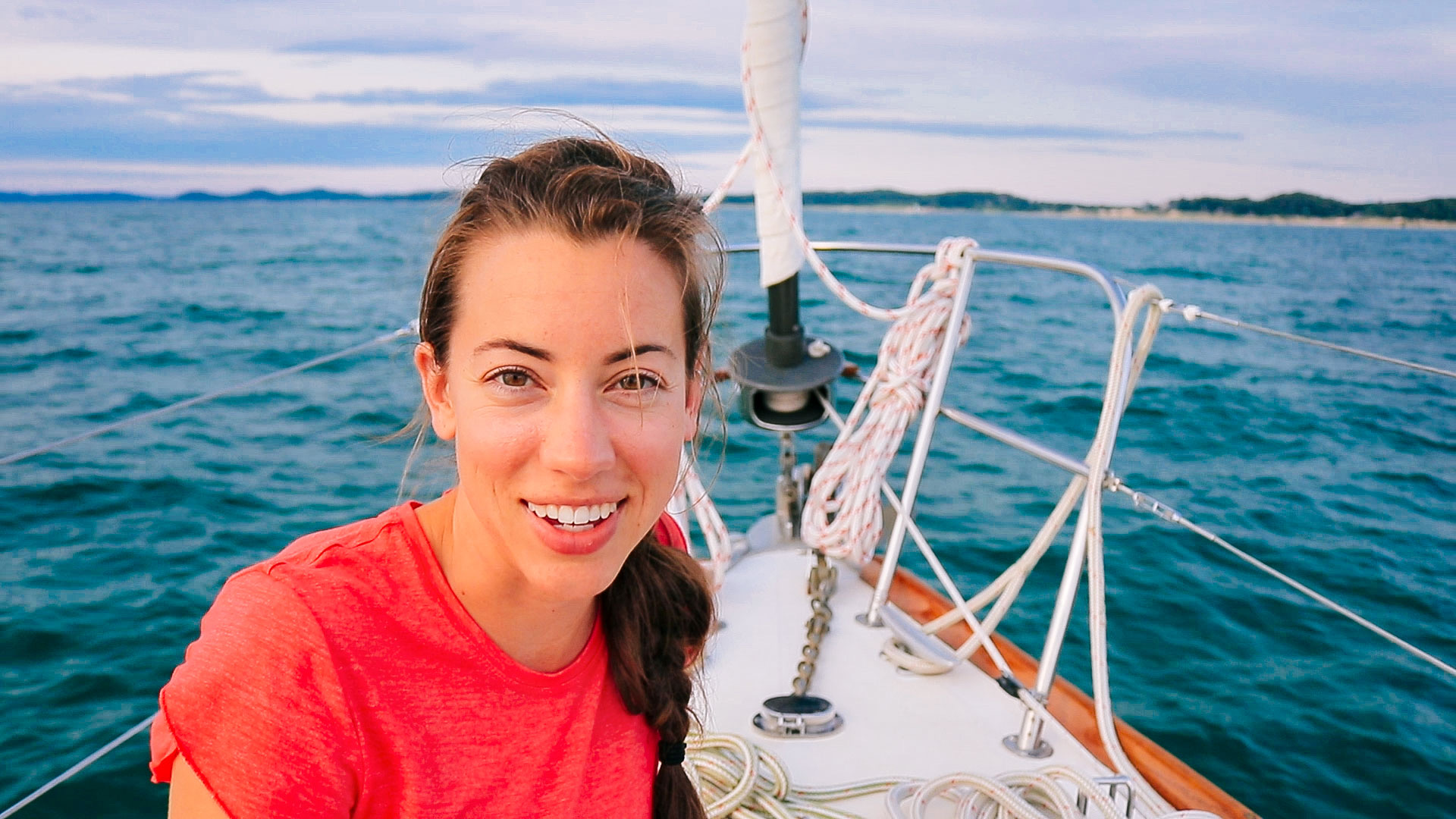 Lauren on the bow of SV Soulianis | Sailing Soulianis
